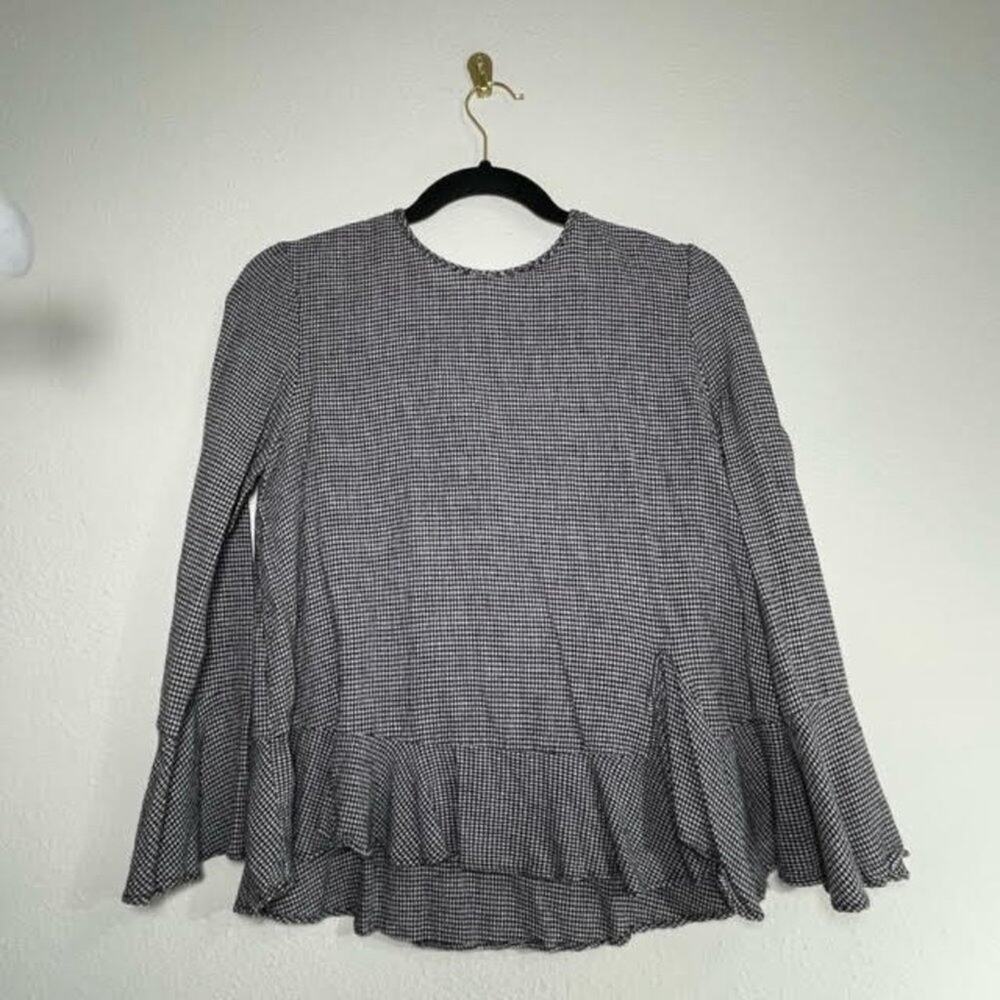 Zara Woman Gingham Peplum Blouse Medium Bell Sleeve Keyhole Back